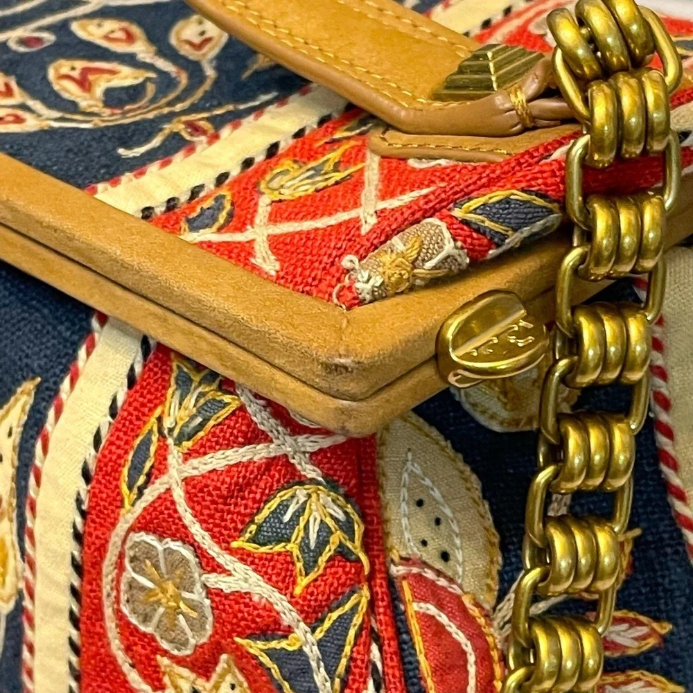 Tory Burch Tapestry Embroidered Barrel Bag‎ Floral Carpet Navy Red Gold GUC